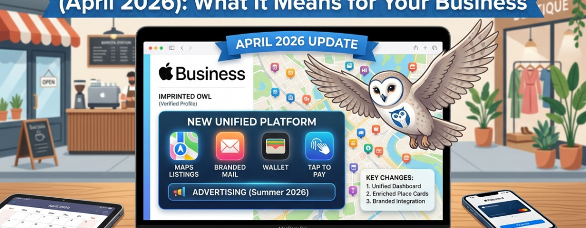 nfographic showing Apple Business 2026 update features for Imprinted Owl Blog