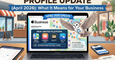 nfographic showing Apple Business 2026 update features for Imprinted Owl Blog